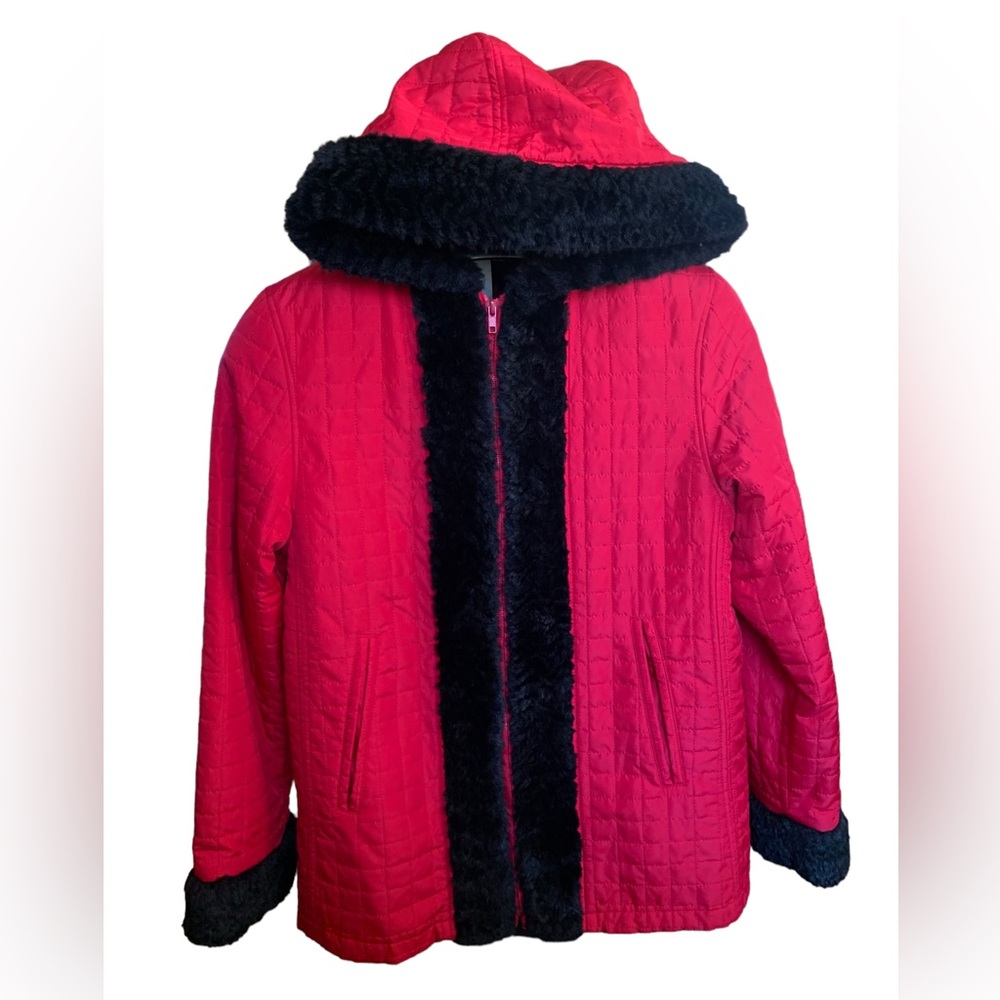 Ensign London Red Black quilted faux fur hooded jacket parka Women’s Size M